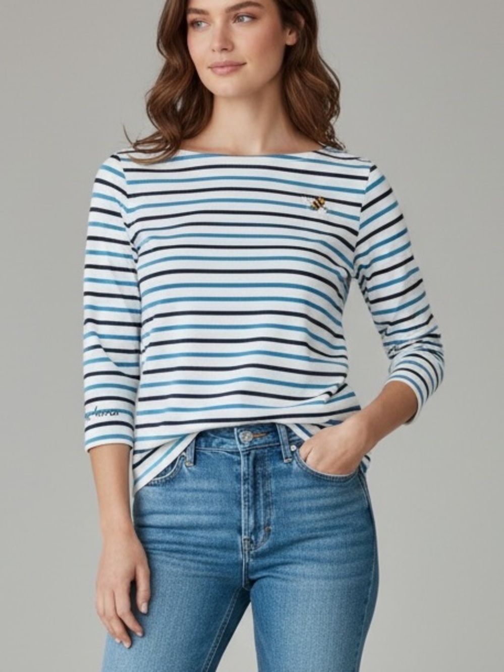 Joules UK Hi Honey Honeybee Harbour Tee XS 3/4 Sleeves White Blue Embroidered
